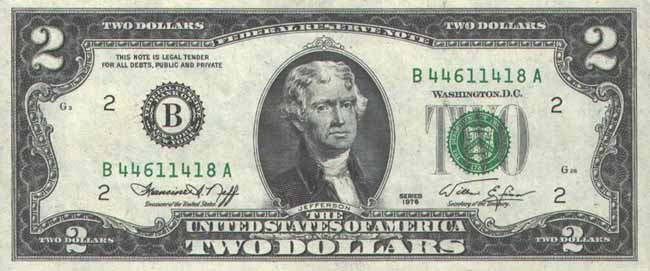 Купюра номиналом 2 доллара США, лицевая сторона